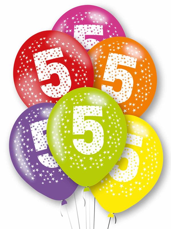 Age 5 Mixed Colour Party Balloons ( Pack of 6) - Anilas UK