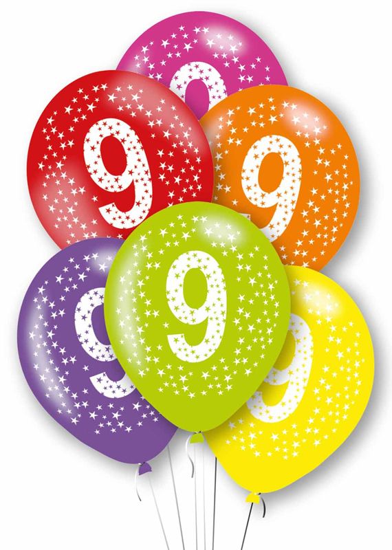 Age 9 Mixed Colour Party Balloons ( Pack of 6) - Anilas UK