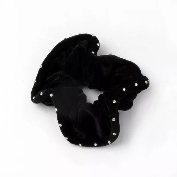 Large - Black Velvet Scrunchie With Diamante Crystals