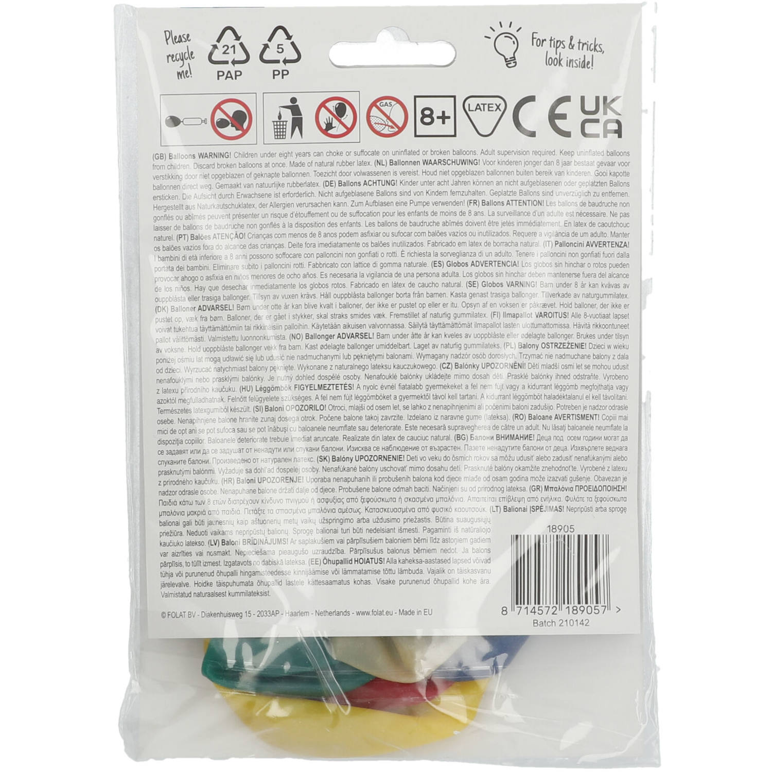 Back view of 5 Years Balloons pack with party occasion details and helium/air info