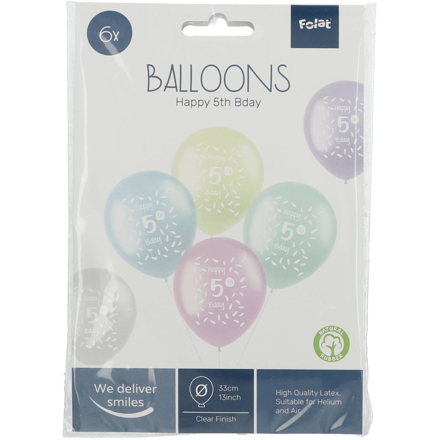 Front view of 5 Years Multicolored Balloons pack with uninflated latex balloons in assorted colours