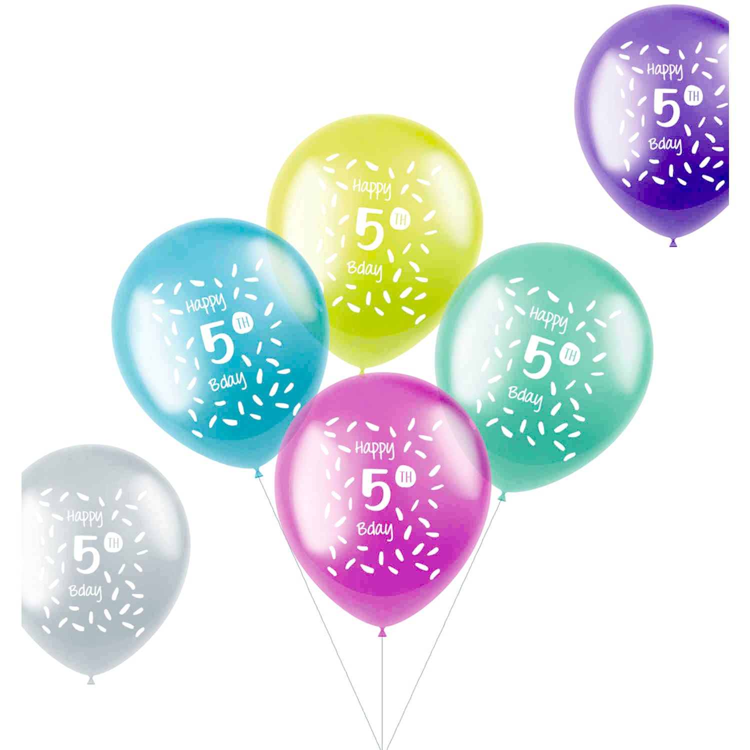 5 Years Multicolored Balloons 33cm pack of 6 showing yellow, blue, green, red, purple and beige latex balloons