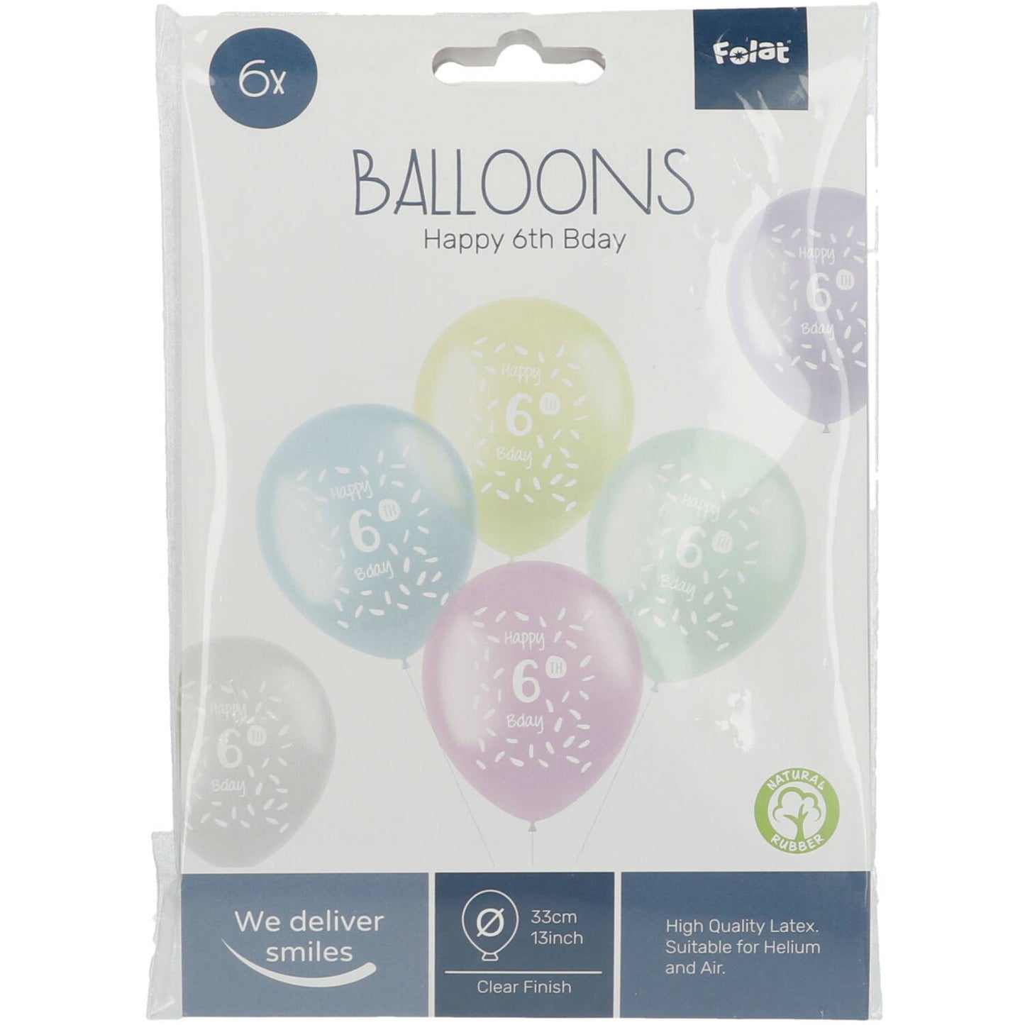 Front view of 6 Years Multicolored Balloons pack with uninflated latex balloons in assorted colours