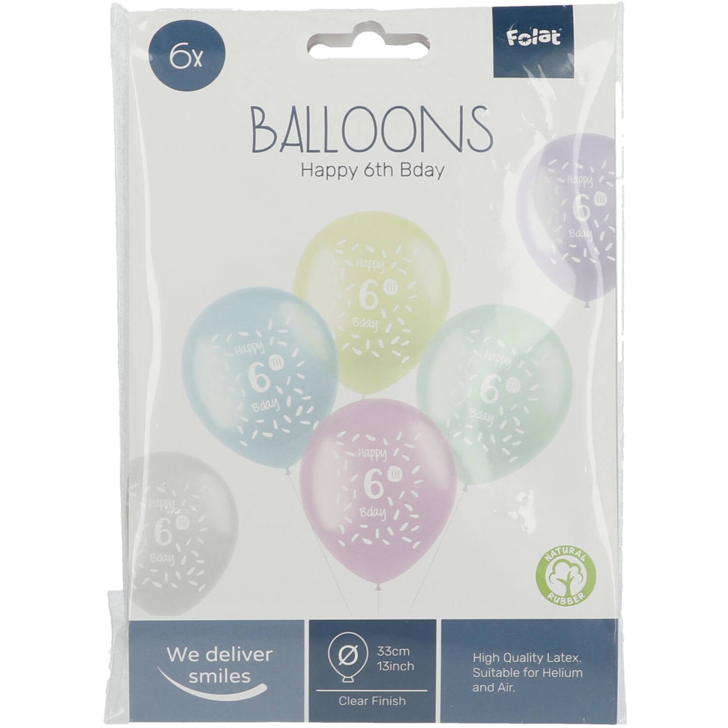 Front view of 6 Years Multicolored Balloons pack with uninflated latex balloons in assorted colours