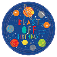 Space Blast Off Birthday Metallic Round Paper Plates - 23cm (Pack of 8) - Anilas UK
