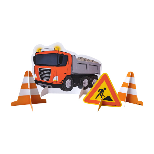 Construction Party Table Decoration Kit with truck, excavator, cones and signs