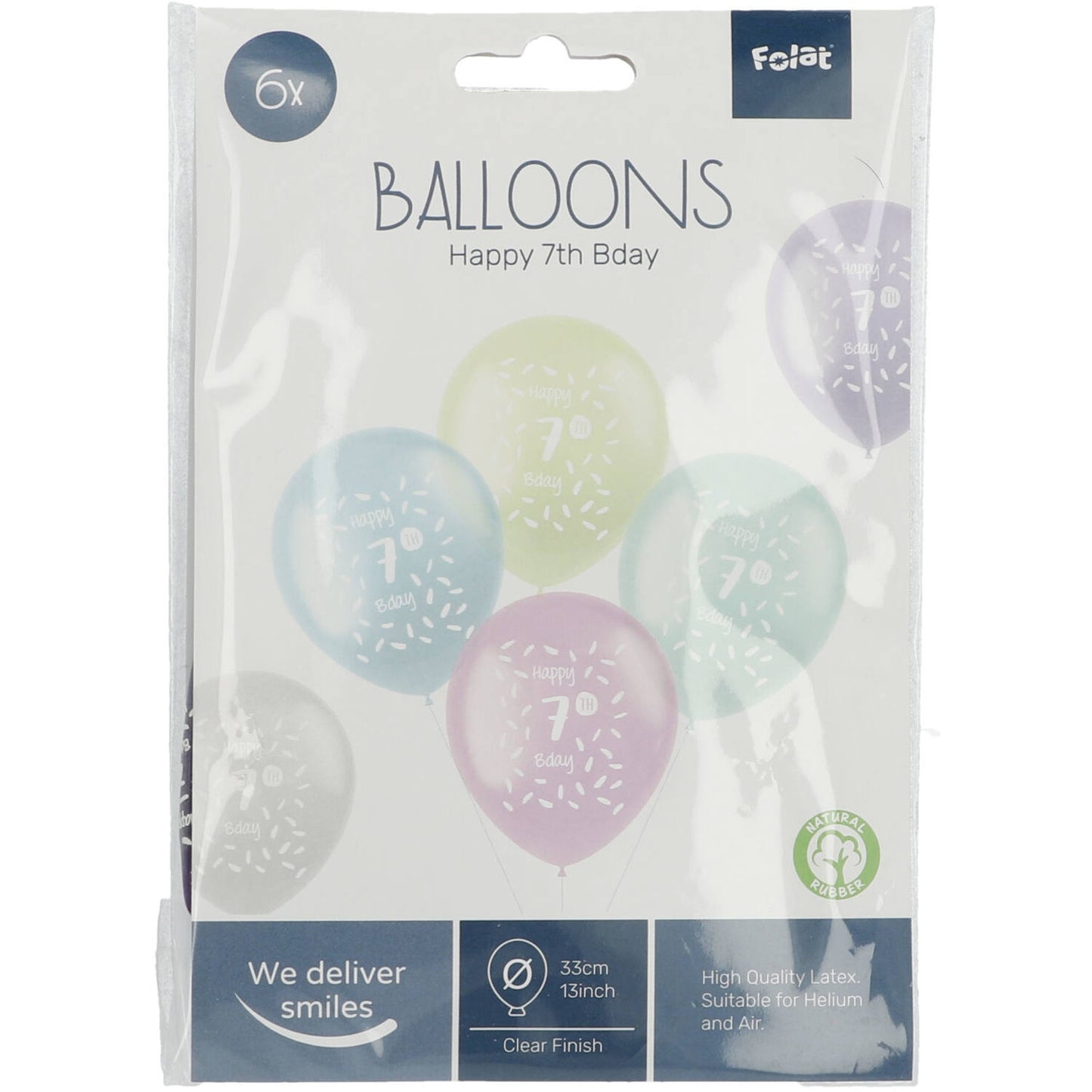 Front view of 7 Years Multicolored Balloons pack with uninflated latex balloons in assorted colours