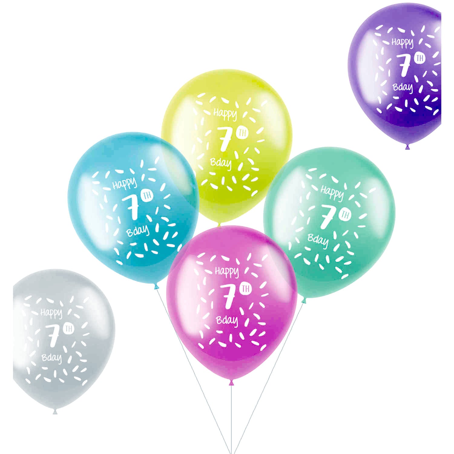7 Years Multicolored Balloons 33cm pack of 6 showing yellow, blue, green, red, purple and beige latex balloons