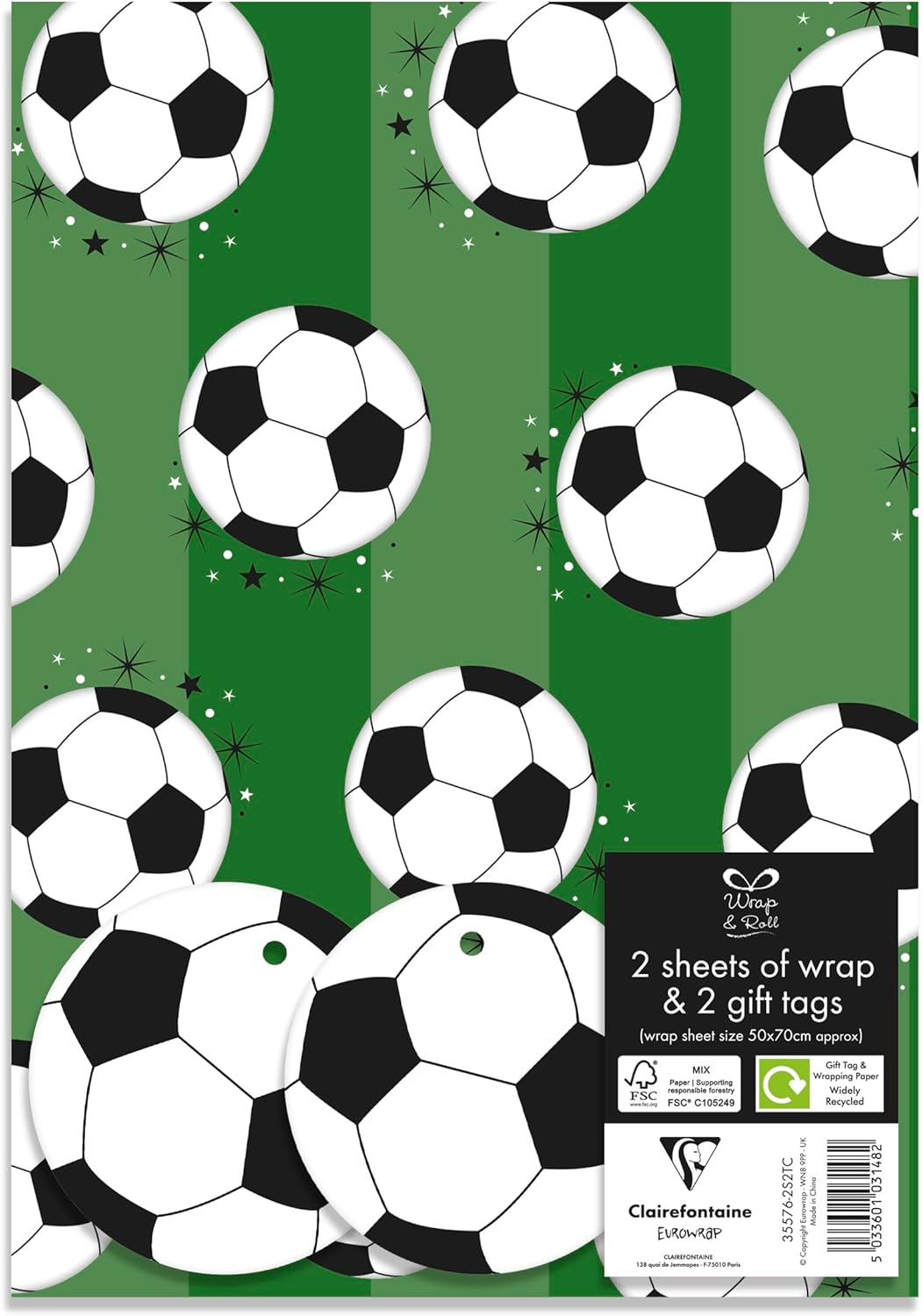 Football Gift Wrap with Tags, 50 x 70 cm, 2 Sheets, Sports Theme - Anilas UK
