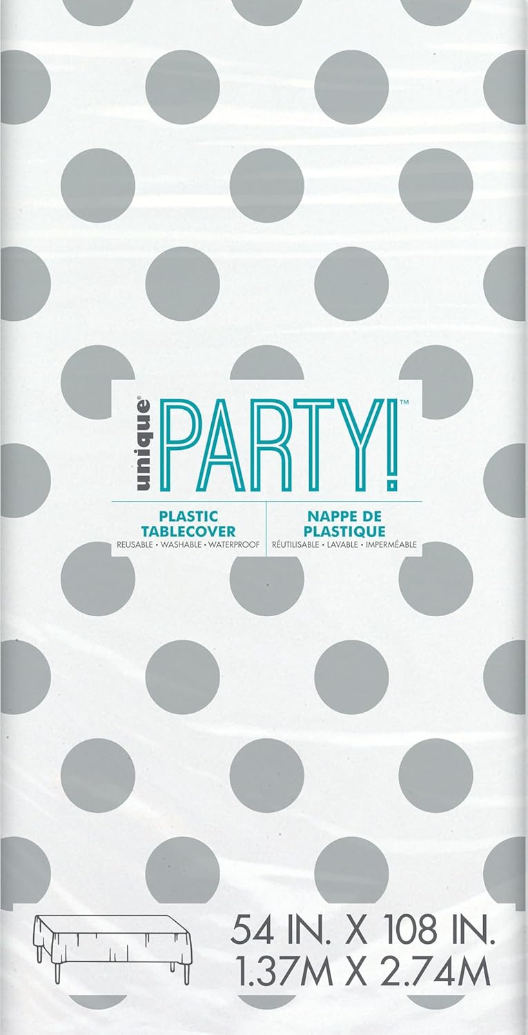 Silver Polka Dots Plastic Party Table Cover (137x274 cm) - Anilas UK