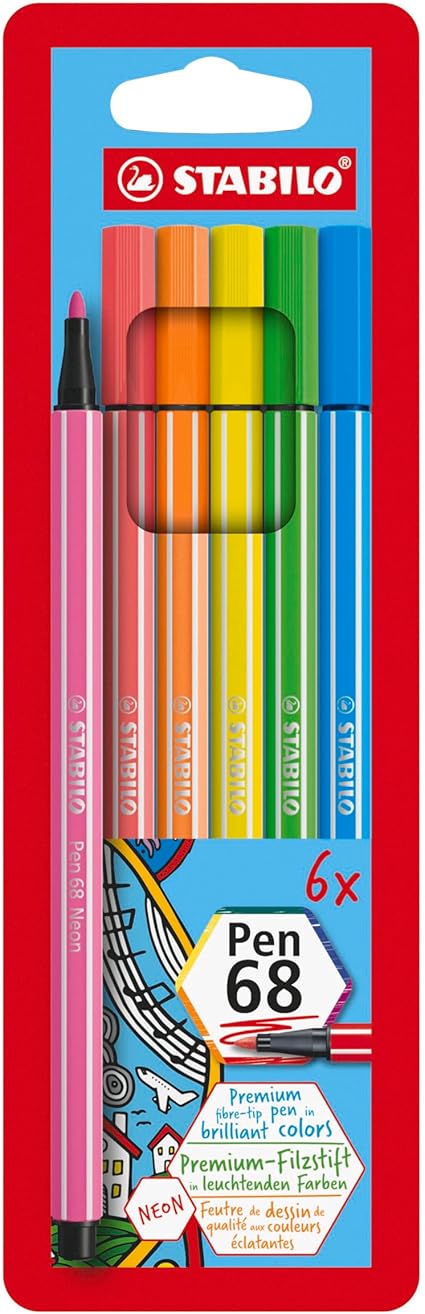 Stabilo Pen 68- Pack of 6 Neon coloured fibre-tip pens - Anilas UK