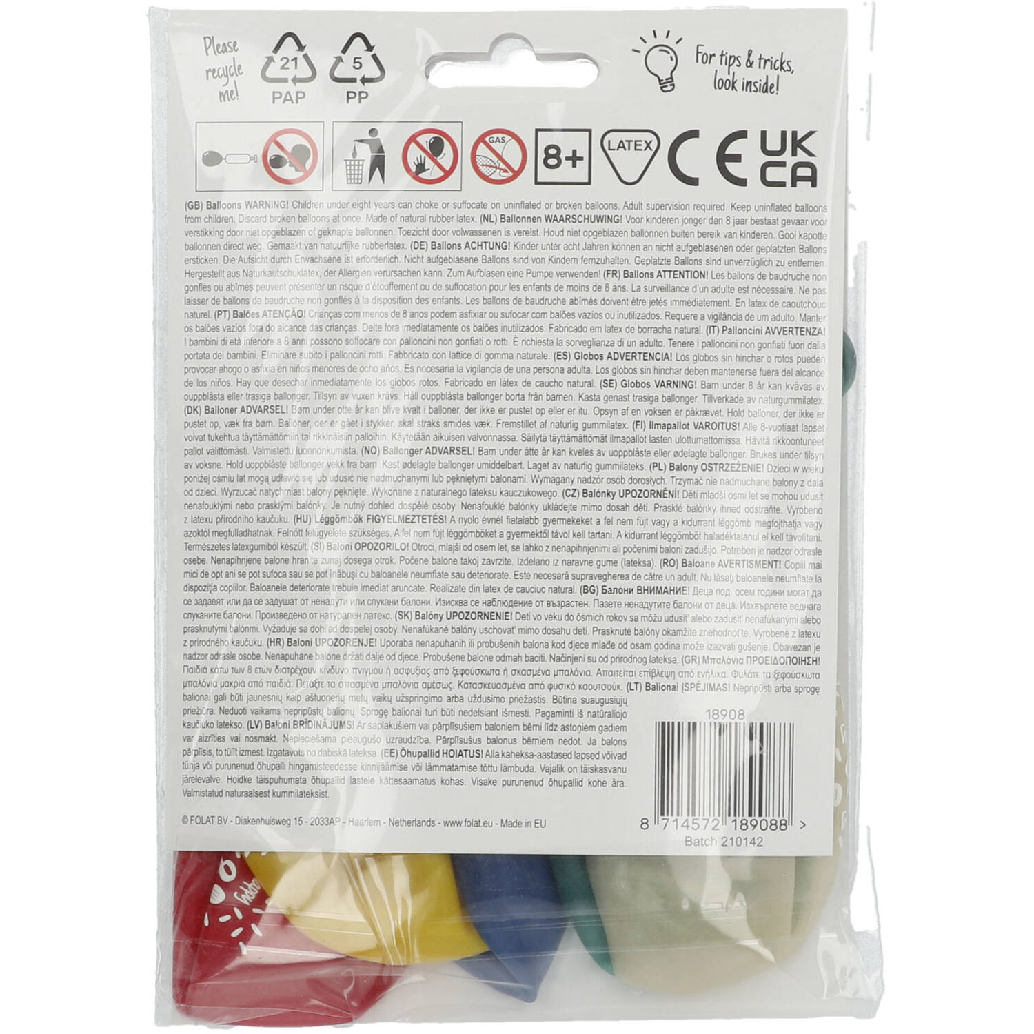Back view of 8 Years Balloons pack with party occasion details and helium/air info