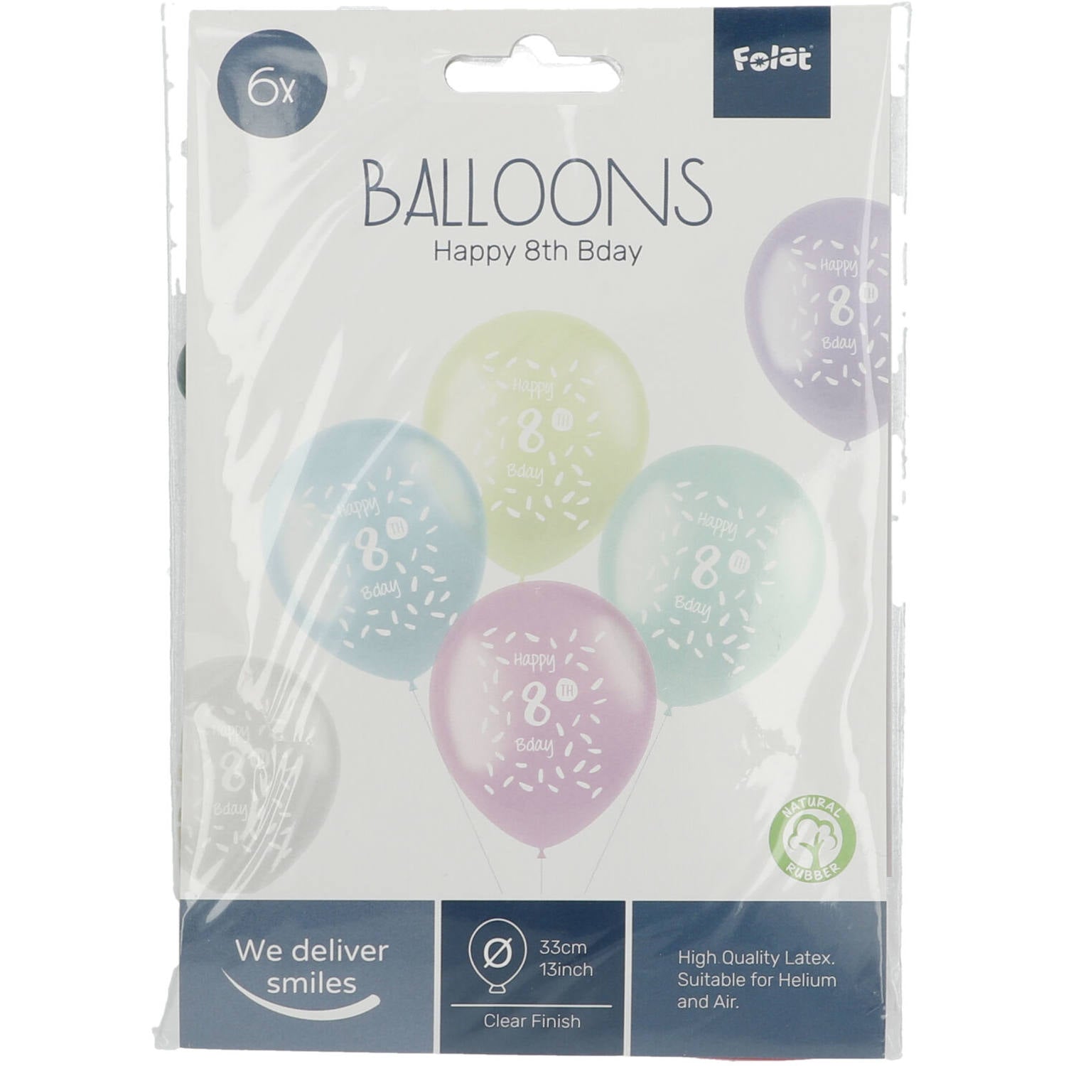 Front view of 8 Years Multicolored Balloons pack with uninflated latex balloons in assorted colours