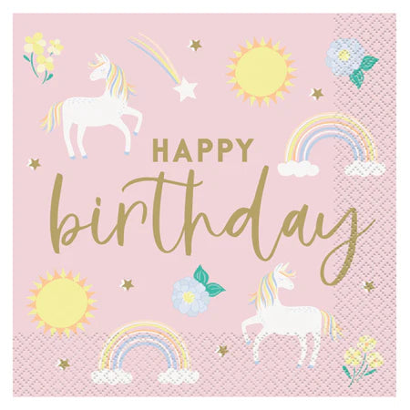 Dainty Unicorn Happy Birthday Napkins (Pack of 16) - Anilas UK
