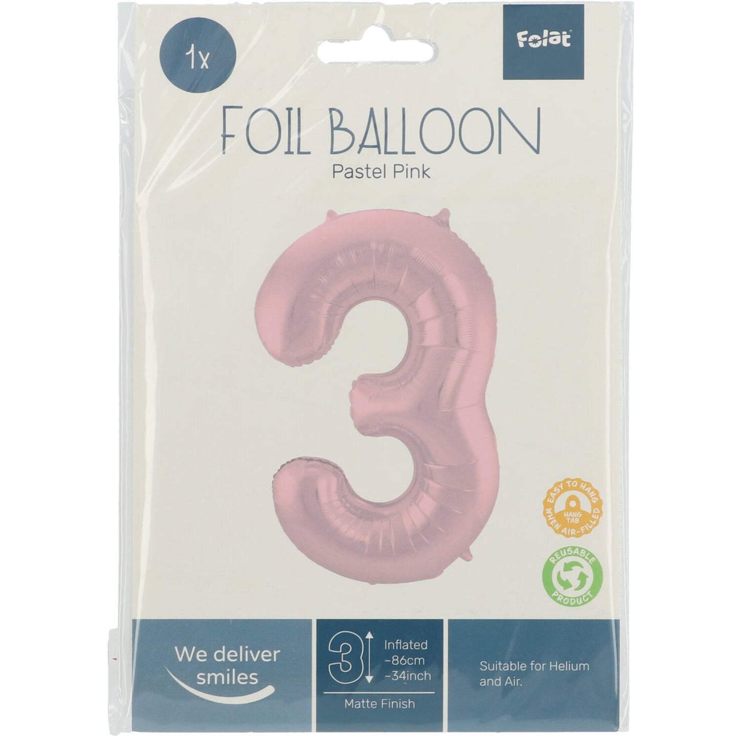 Pastel Pink Metallic Matt Number 3 Foil balloon, 86cm