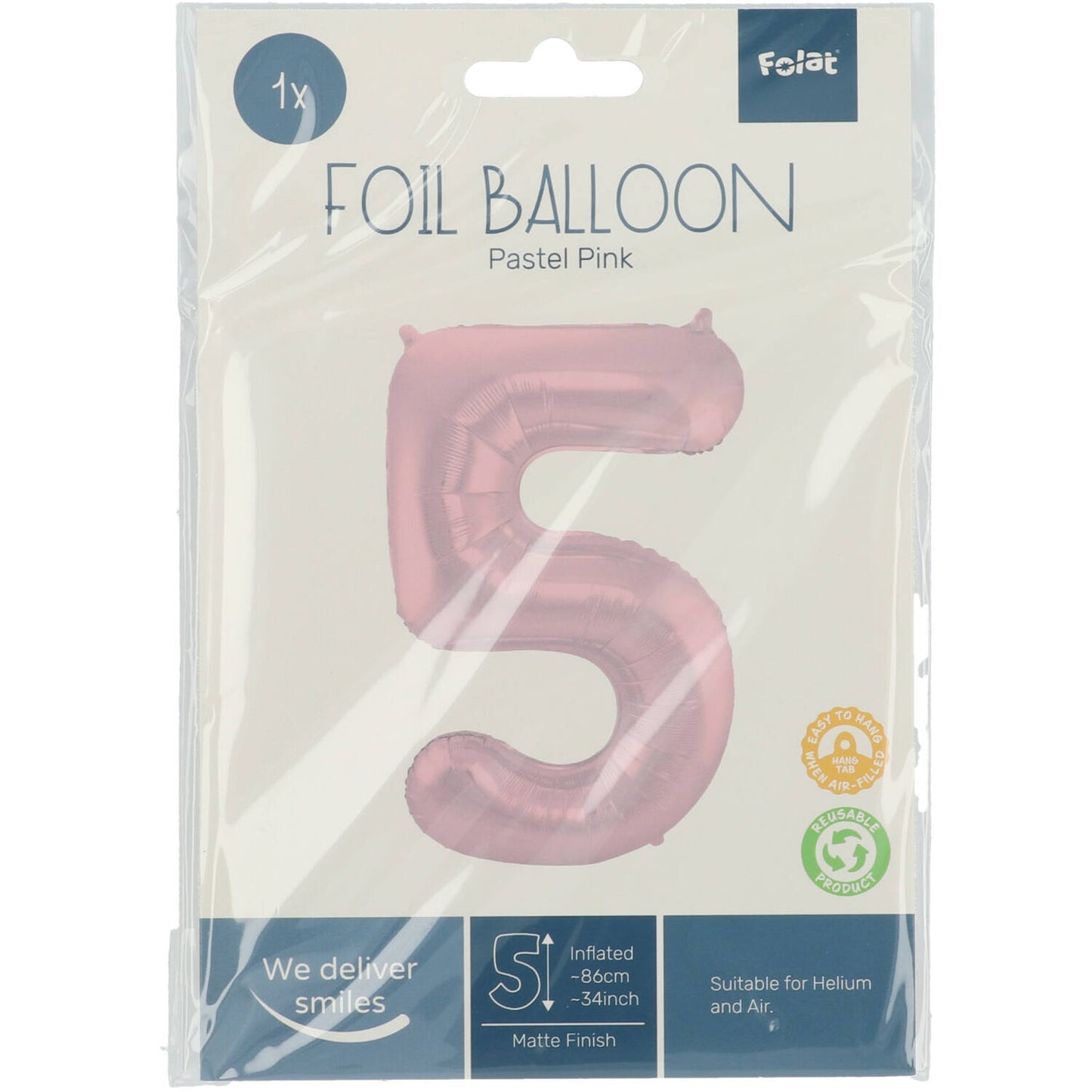 Pastel Pink Metallic Matt Number 5 Foil balloon, 86cm