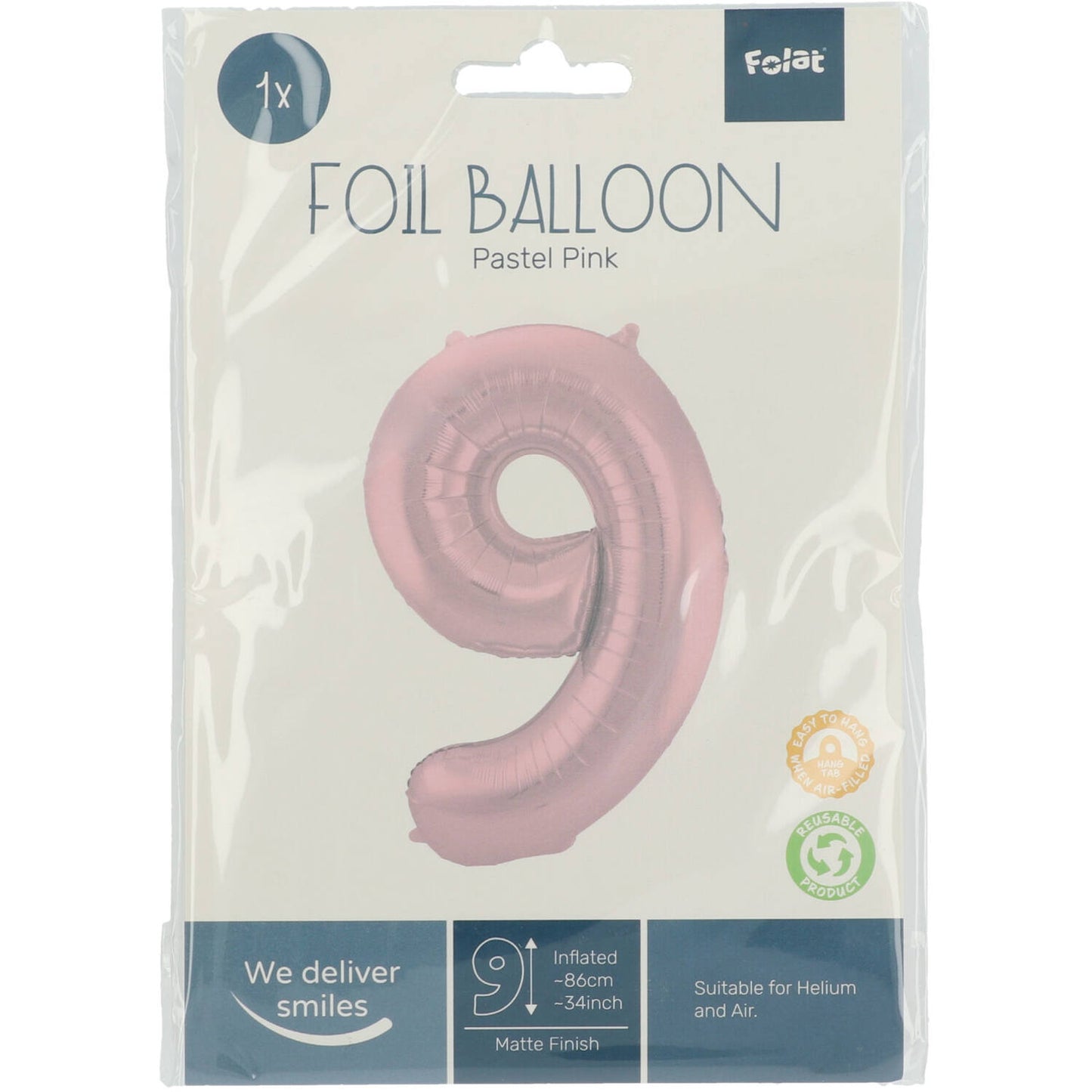 Pastel Pink Metallic Matt Number 9 Foil balloon, 86cm