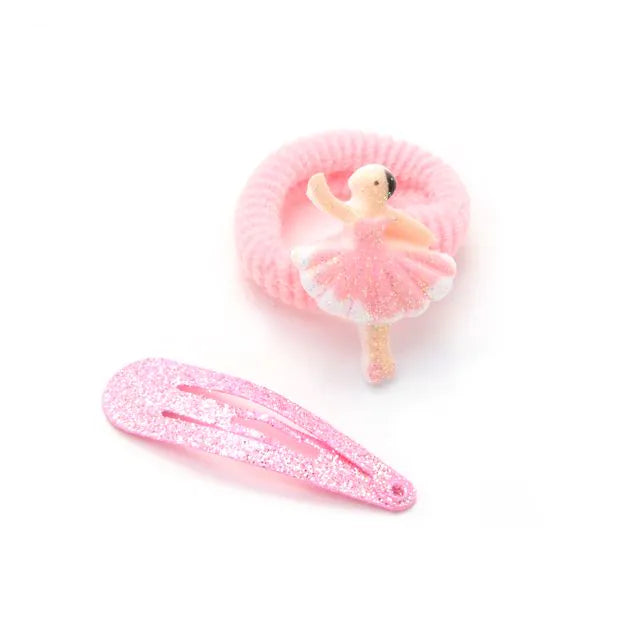 Ballerina Pink Glitter Snap Hair Clips & Ponytail Holders Set