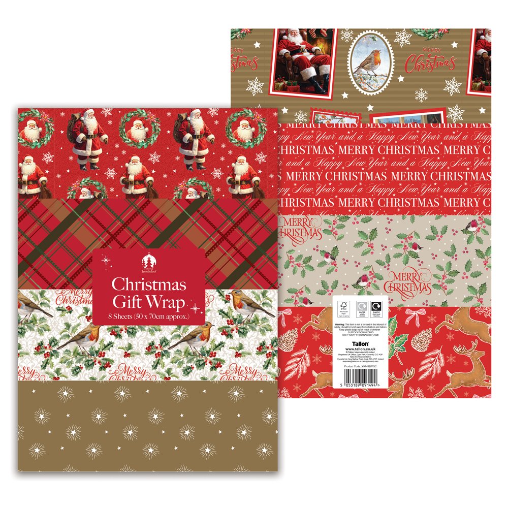Traditional Christmas Gift Wrap Pack (8 Sheets)
