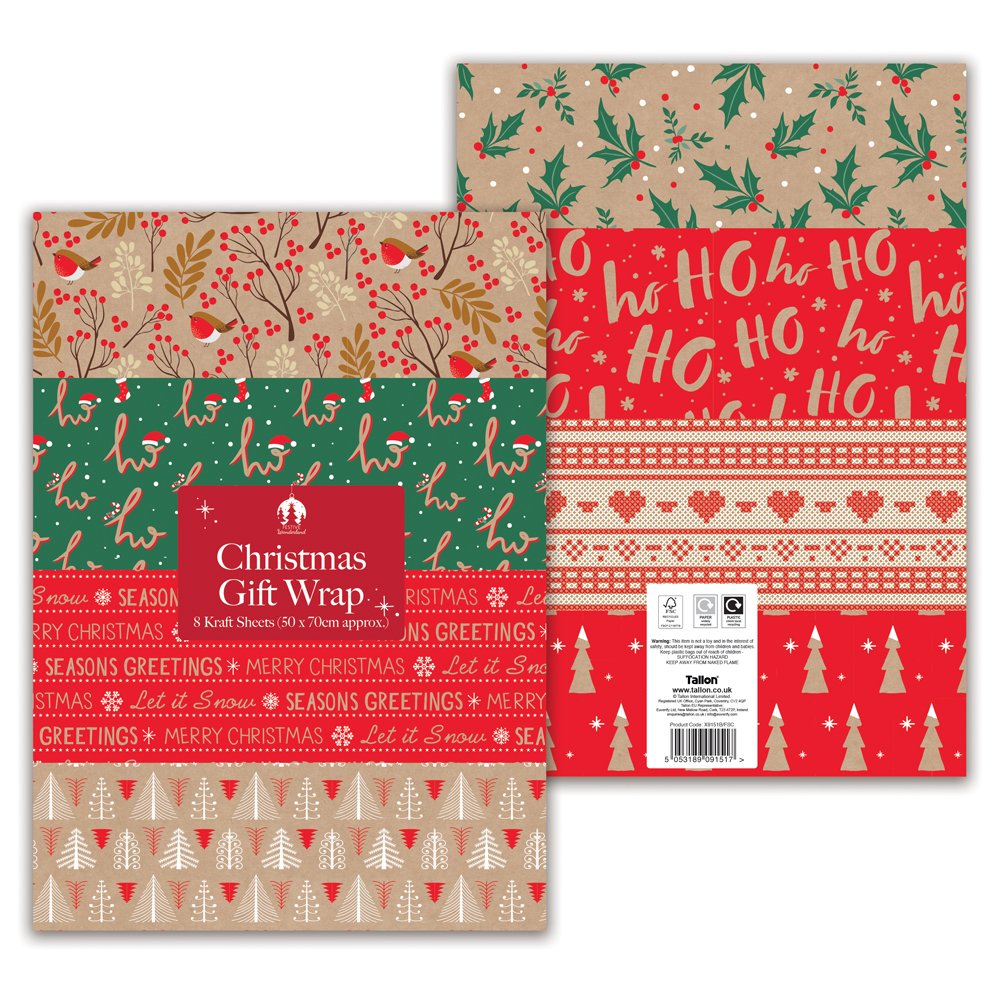 Christmas Traditional Kraft Paper Gift Wrap Pack (8 Sheets)
