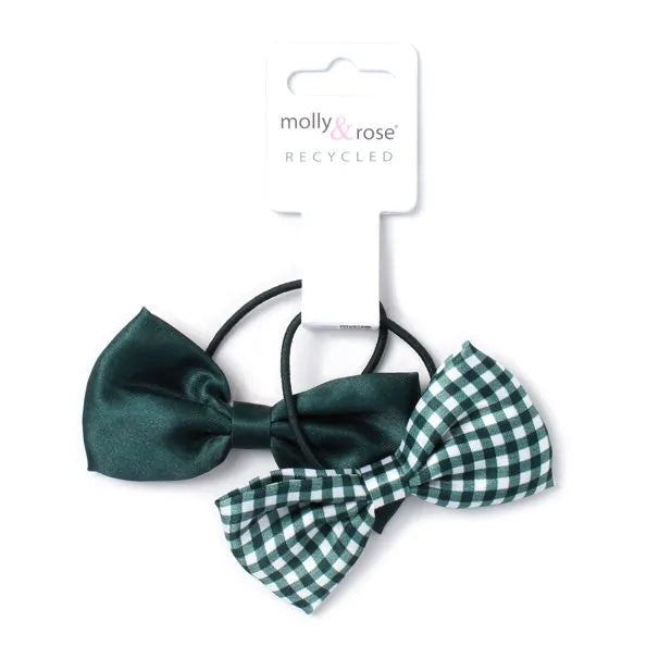 Pack of 2 Girls Bottle Green School Hair Bow Elastics - Anilas UK
