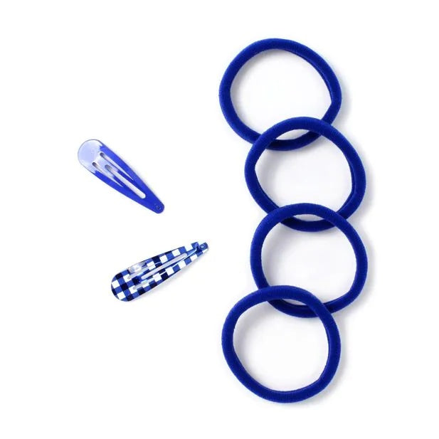 Royal Blue Gingham School Ponytail Holder & Snap Clips Set. - Anilas UK