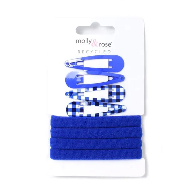 Royal Blue Gingham School Ponytail Holder & Snap Clips Set. - Anilas UK