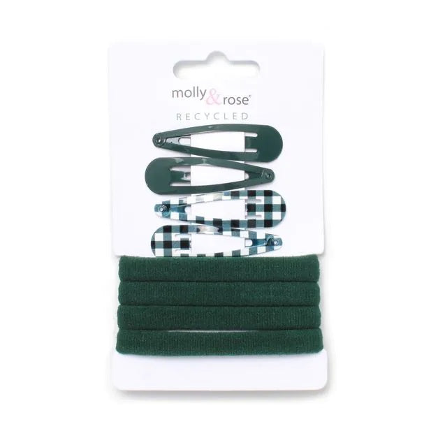 Set of 4 Bottle Green School Ponytail Holder & Snap Clips Set - Anilas UK