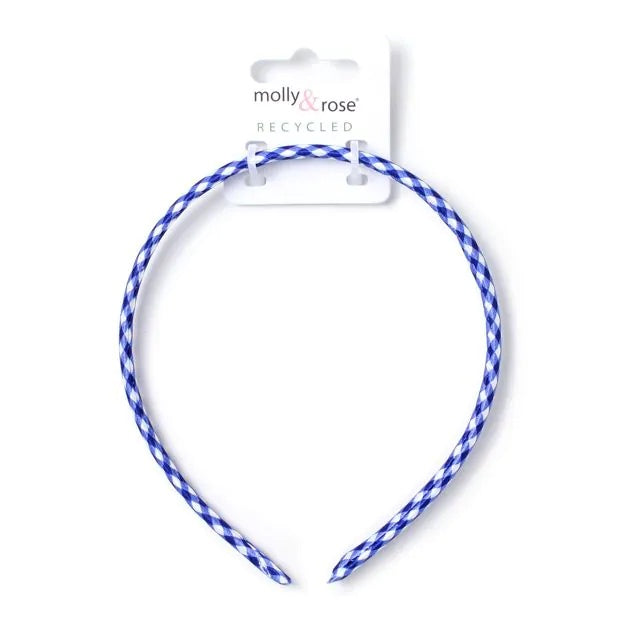 Girls Royal Blue Gingham Alice band, 1cm wide - Anilas UK