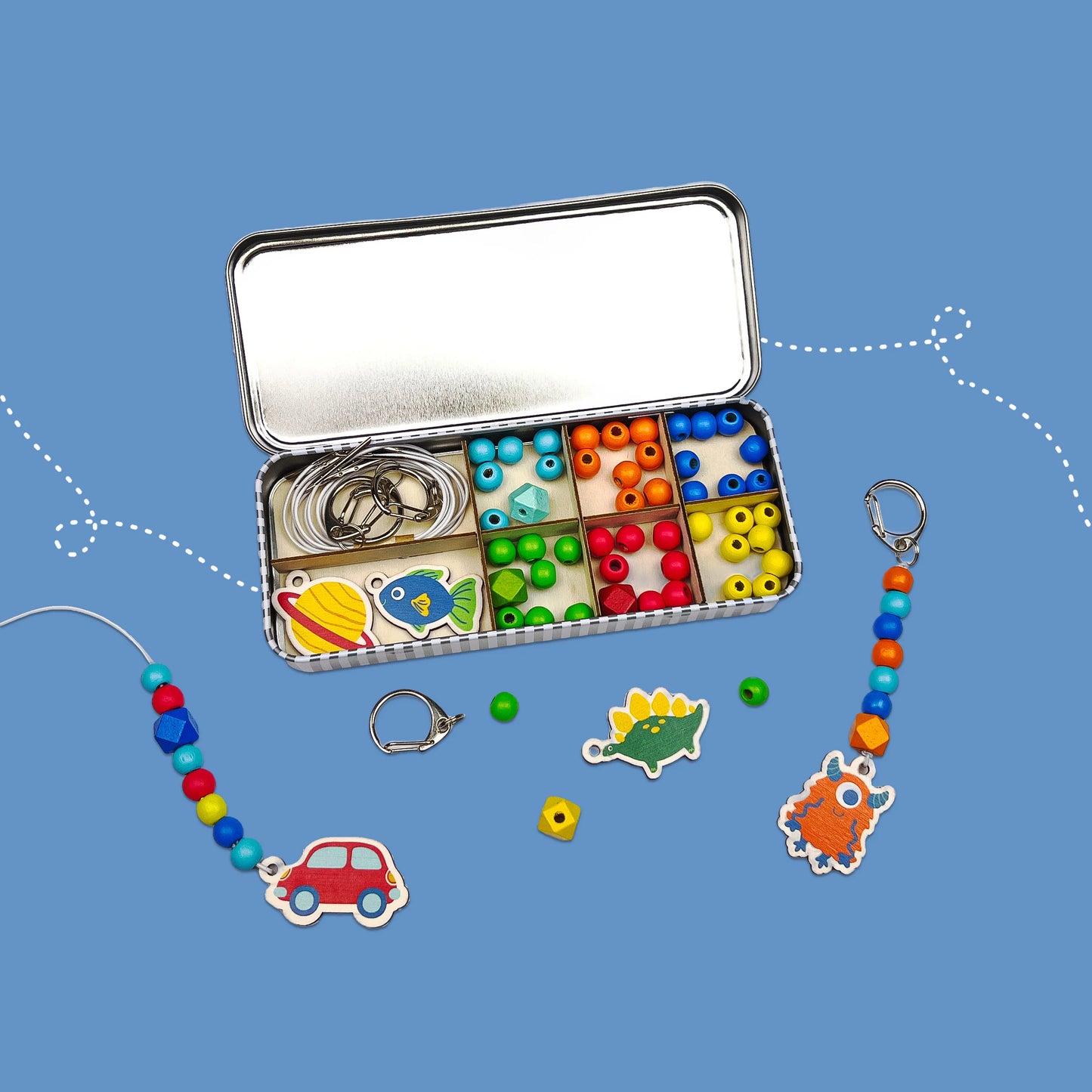 Allsorts Wooden Keyring Making Kit inc Dinosaur, Monster, Fish, Planet and a car - Anilas UK