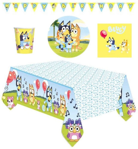 Bluey Birthday Party Supplies for your Bluey Party featuring Bluey Party  Decorations and Bluey Plates and Napkins and Tableware for 16 guests.