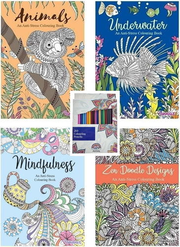 Set of 4 Anti Stress Colouring Books with Pencils 2 - Anilas UK