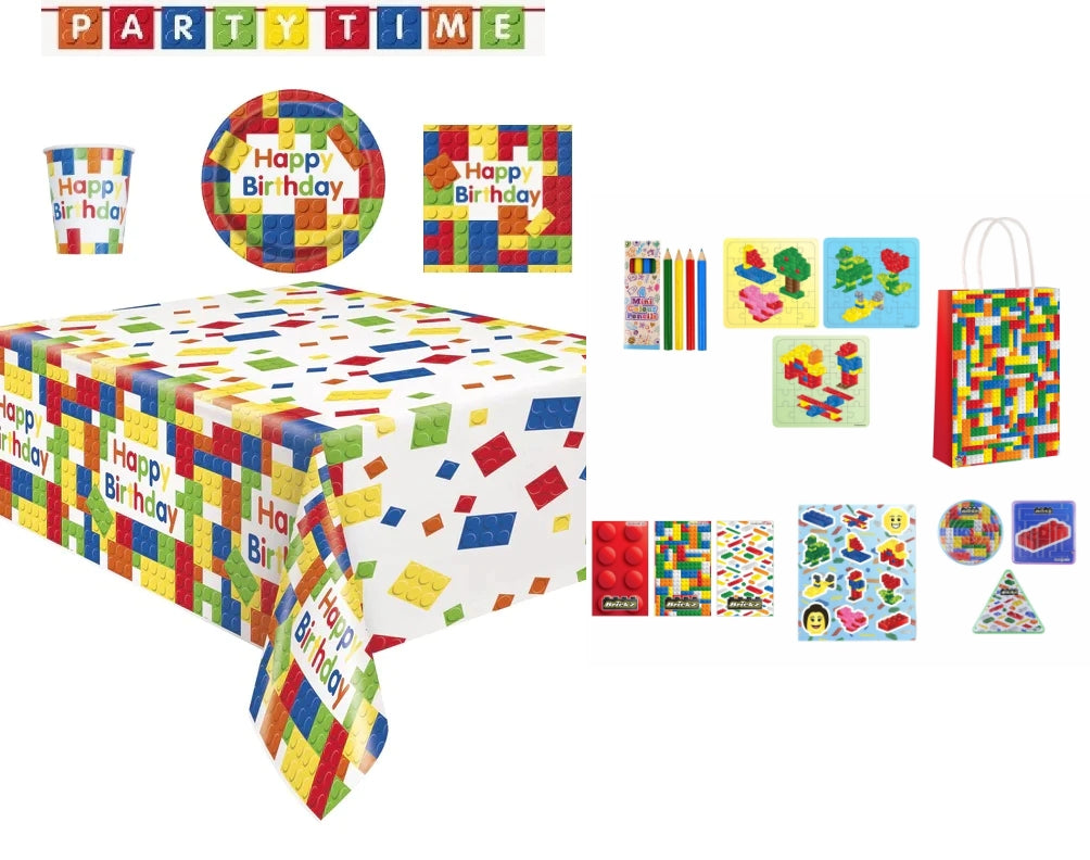 Complete Bricks Themed Party Pack for 8 people Including Tableware and Favours - Anilas UK