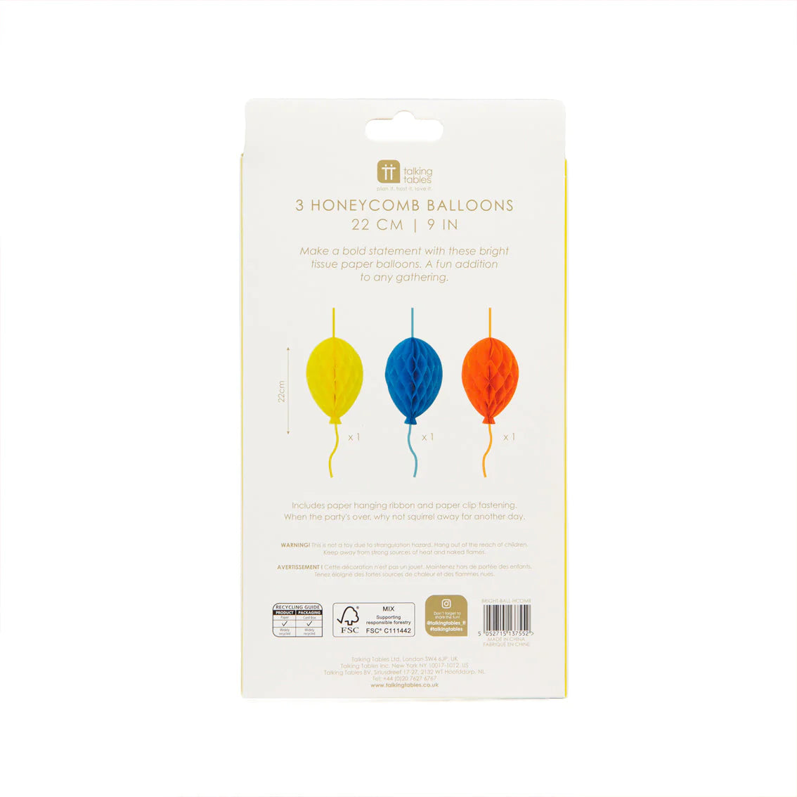 Birthday Balloons Bright Paper Honeycomb Decorations - 3 Pack - Anilas UK