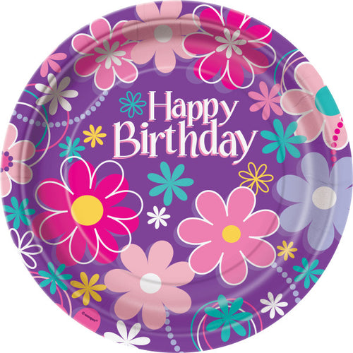 Birthday Blossoms Round Paper Plates, (Pack of 8) - Anilas UK