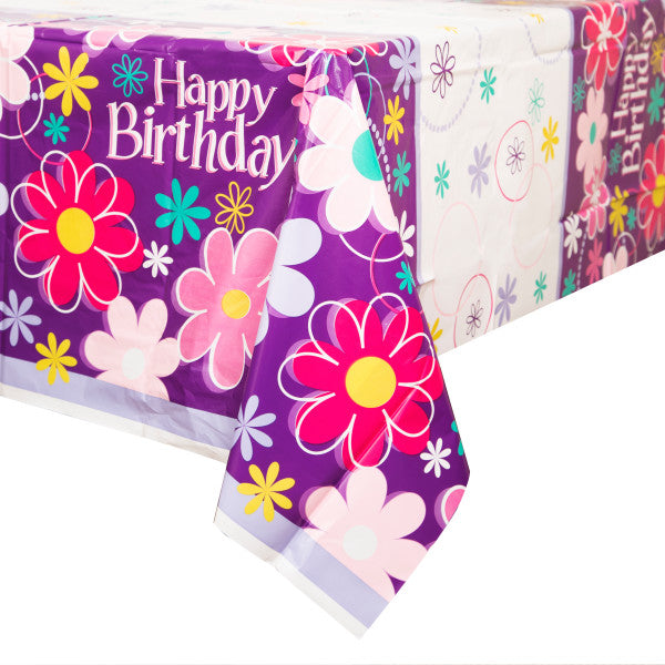 Birthday Blossoms Rectangular Plastic Table Cover. - Anilas UK