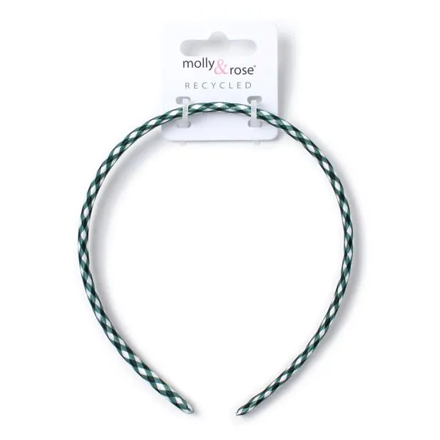 Bottle Green Gingham School Alice Band, 1 cm Wide, Recycled Materials - Anilas UK