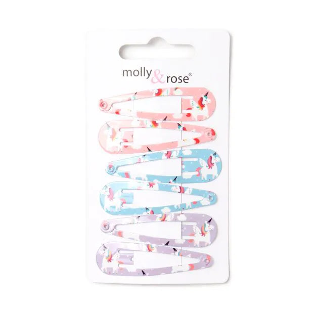 Pack of 6 Assorted Printed Unicorn Snap Clips - 5cm