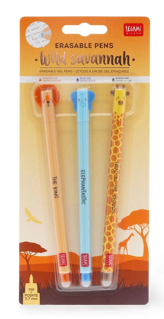 Wild Savannah: Lion, Elephant & Giraffe Set of 3 Erasable Pens - Anilas UK