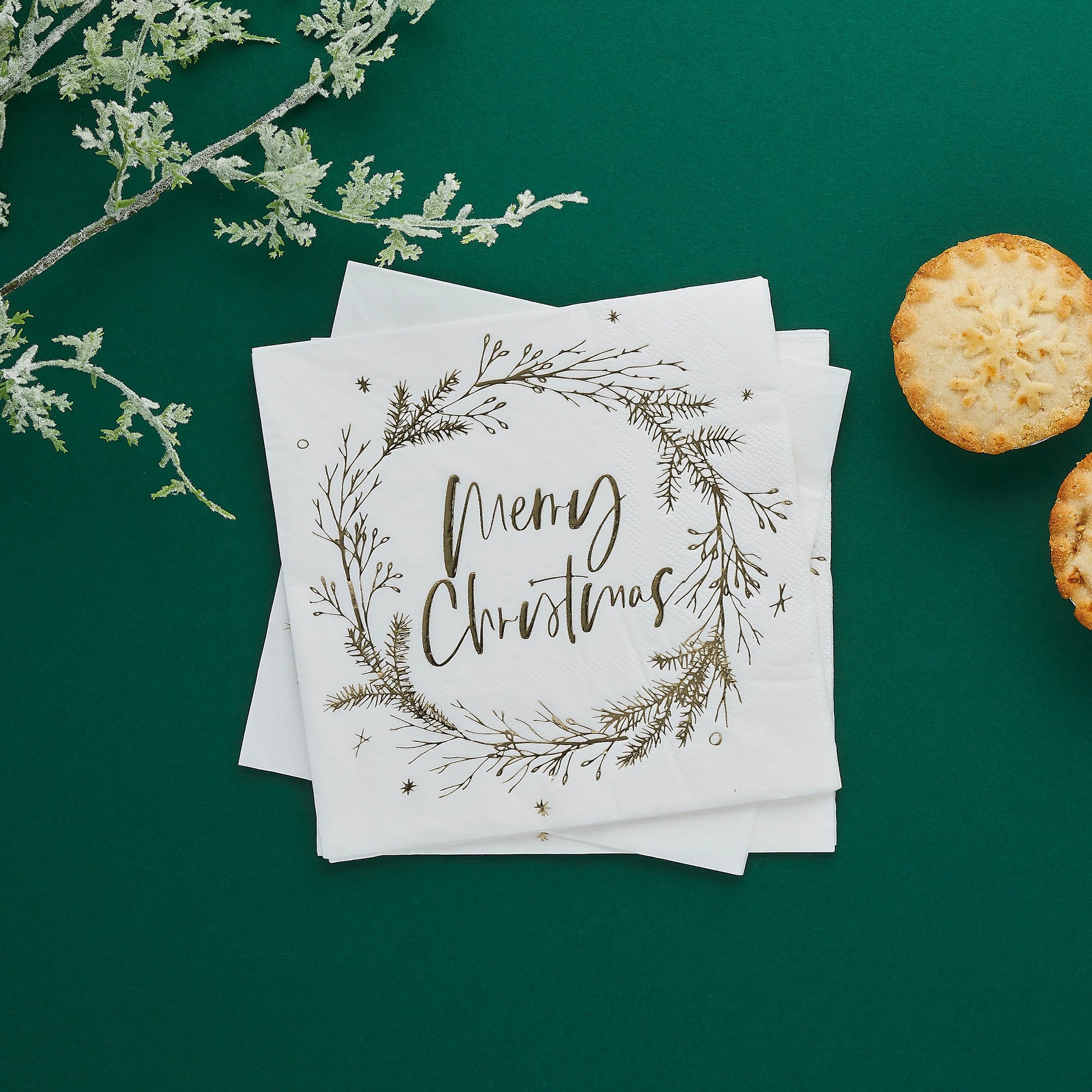 Gold Foiled Merry Christmas Wreath Paper Napkins (Pack of 20) - Anilas UK