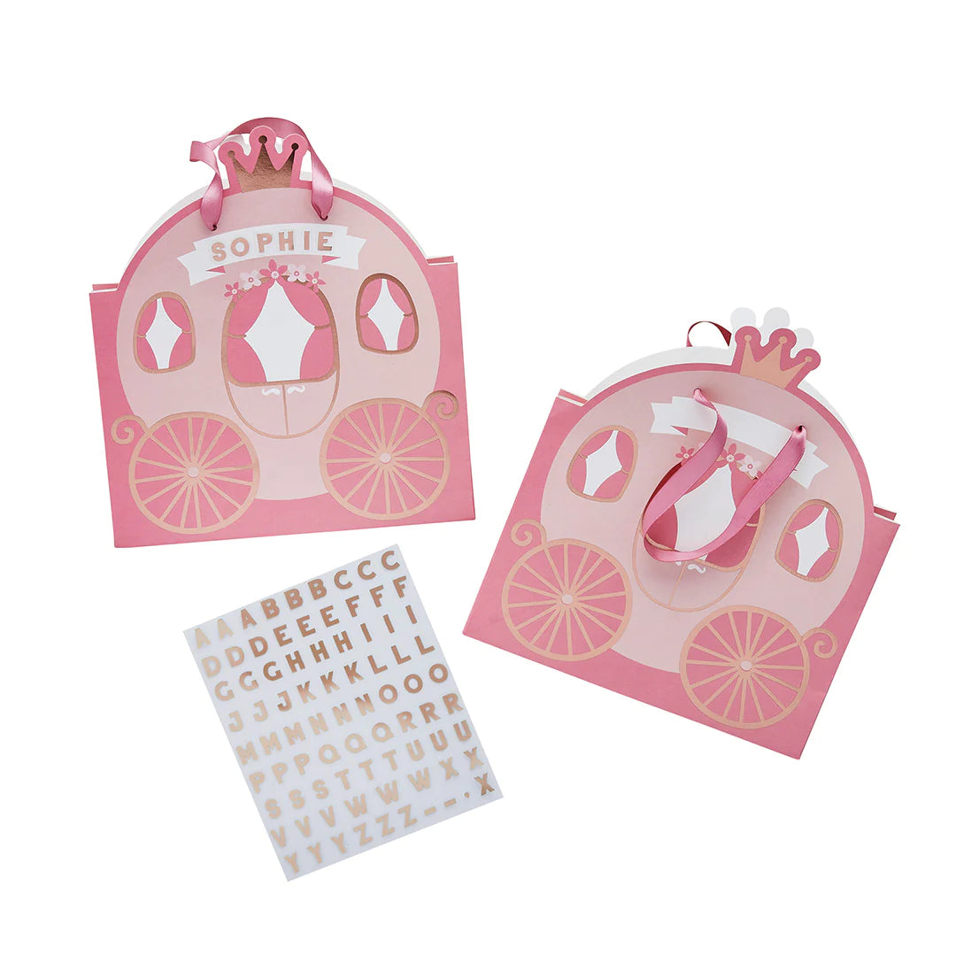 Princess Carriage Party Bags With Personalised Sticker Sheets (Pack of 4) - Anilas UK