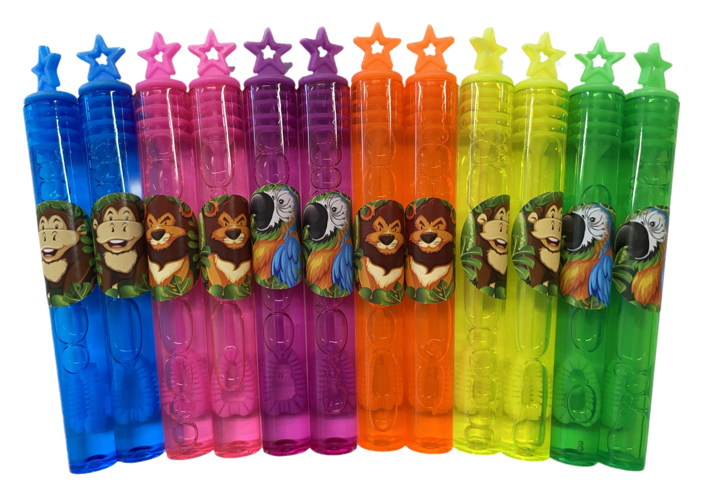 12 Jungle Themed Neon Bubble Wands with Star Topper - Anilas UK
