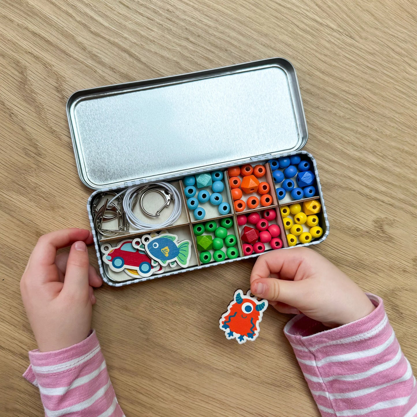 Allsorts Wooden Keyring Making Kit inc Dinosaur, Monster, Fish, Planet and a car - Anilas UK