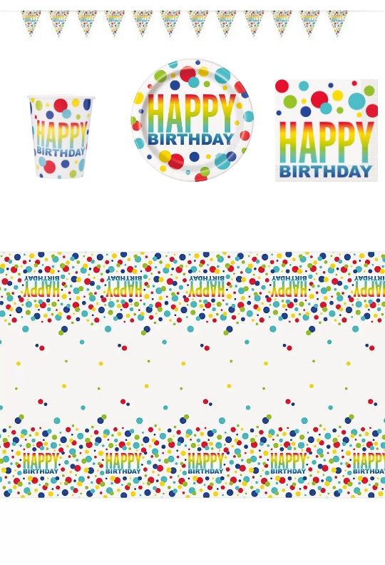 Rainbow Spots Happy Birthday Party Pack for 8 people - Anilas UK