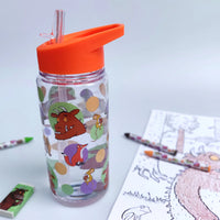 Clear water bottle with orange lid featuring cartoon characters on a white background