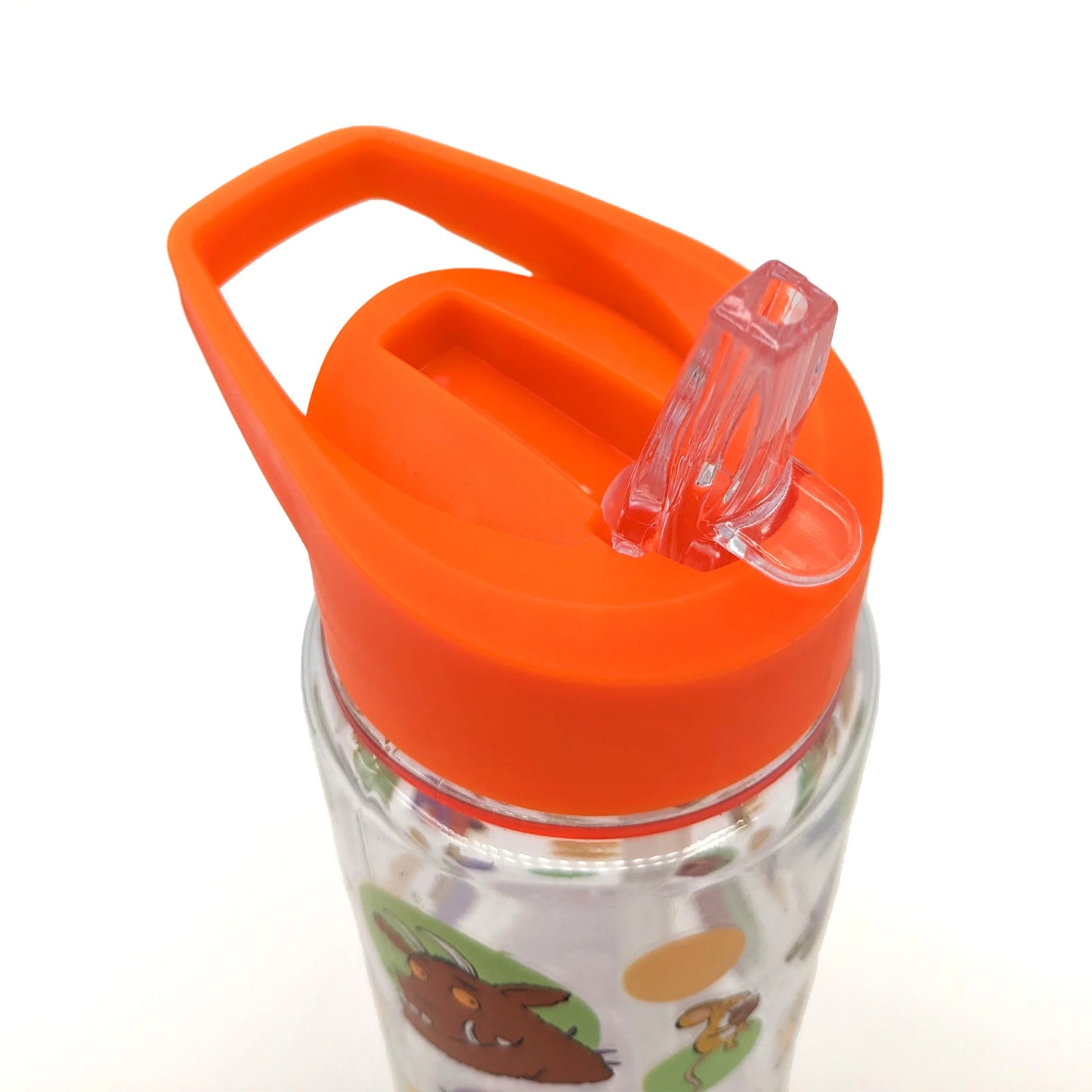 Clear water bottle with orange lid and animal design on a white background