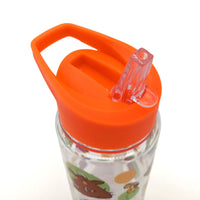 Clear water bottle with orange lid and animal design on a white background