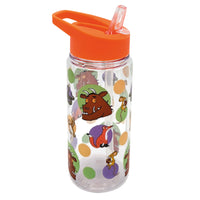 
              Clear water bottle with colorful animal illustrations and an orange lid on a white background
            