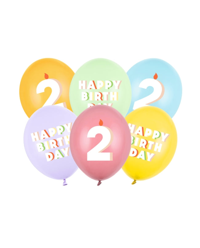 Happy Birthday And Age 2 Latex Balloons 30 cm (Pack of 6) - Anilas UK