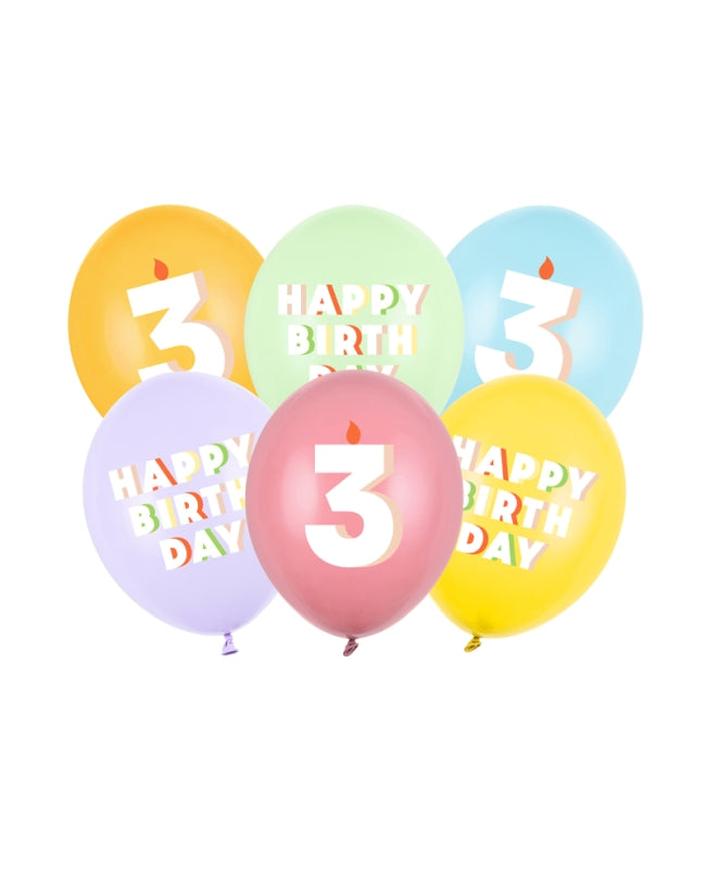 Happy Birthday And Age 3 Latex Balloons 30 cm (Pack of 6) - Anilas UK